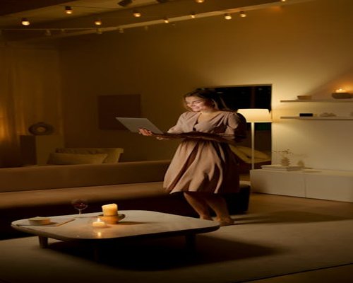 A relaxed evening setting with warm lighting and a closed laptop